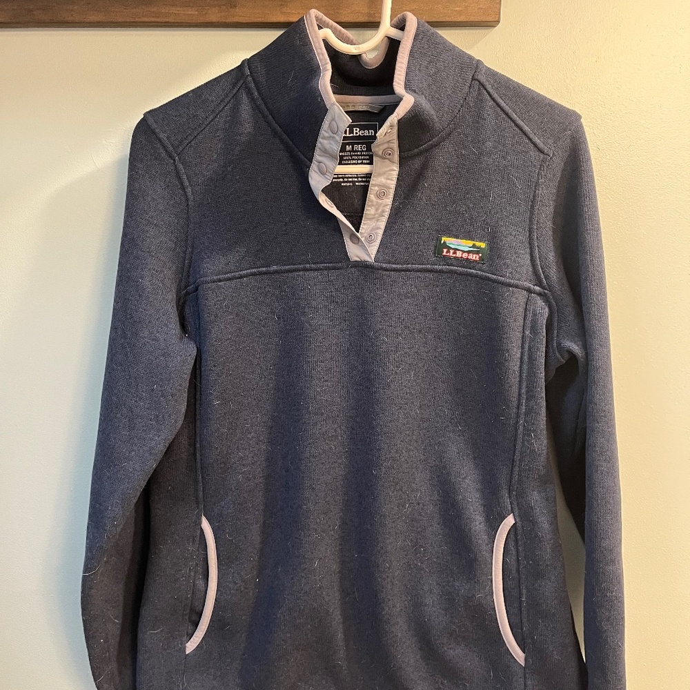 Women's L.L.Bean Sweater Fleece Pullover:Navy with Gray Jersey Binding
